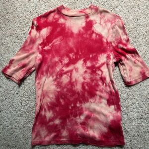 Upcycled Pink Ribbed Bleach Dyed Mock Neck Top size S